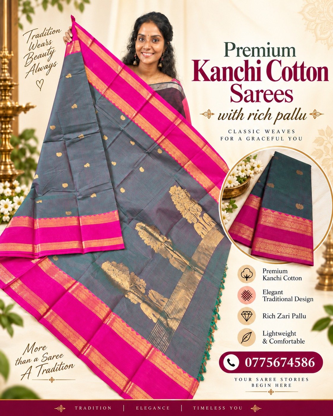 Slate Grey With Rani Pink Gold Zari Border Premium Kanchi Cotton Saree with Rich Pallu Slate Grey With Rani Pink Gold Zari Border Premium Kanchi Cotton Saree with Rich Pallu