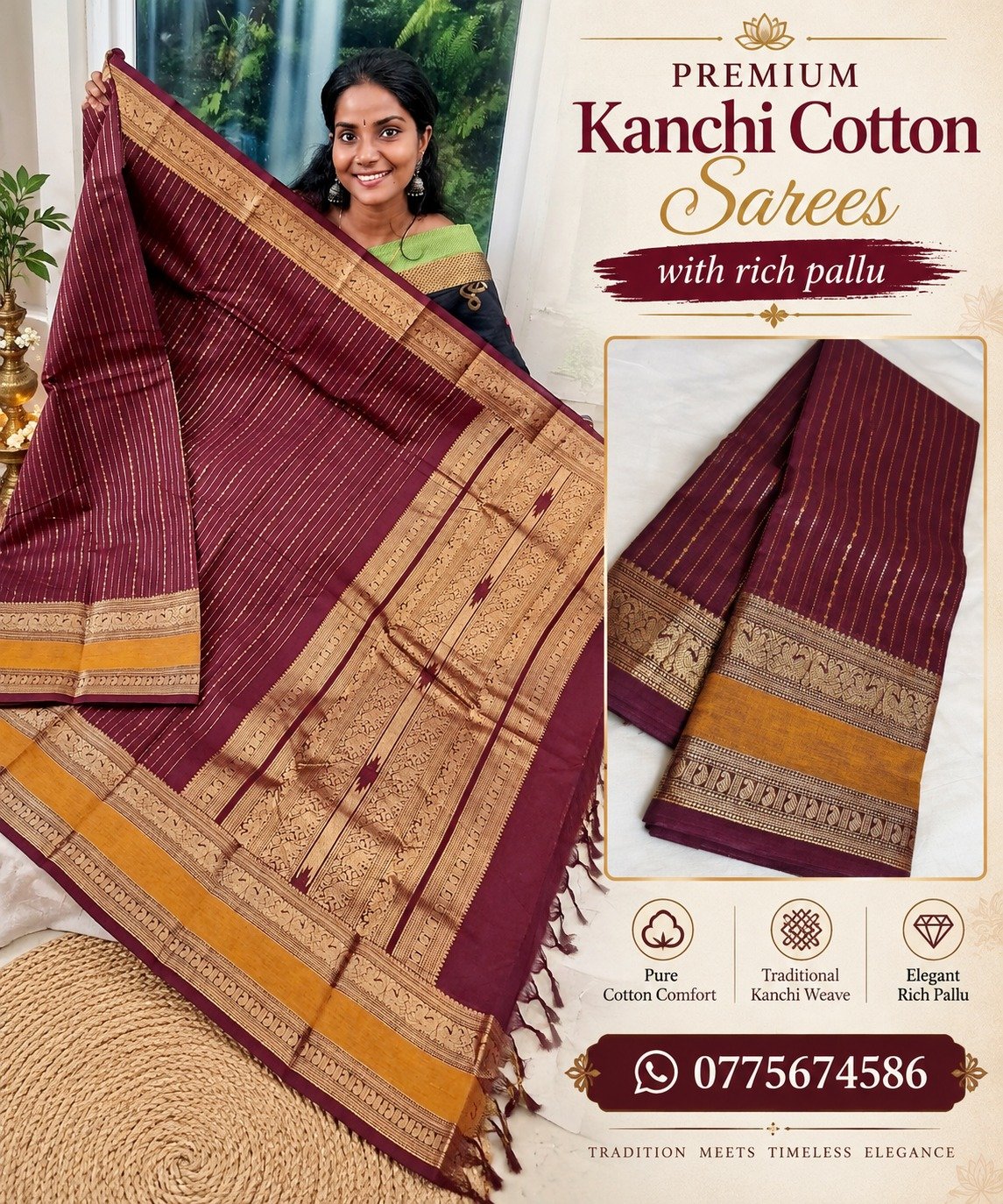 Deep Maroon And Yellow With Gold Zari Border Premium Kanchi Cotton Saree with Rich Pallu Deep Maroon And Yellow With Gold Zari Border Premium Kanchi Cotton Saree with Rich Pallu