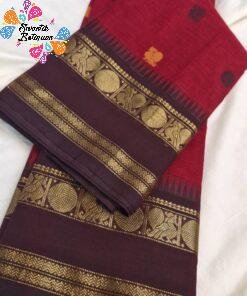Crimson Red With Dark Maroon Gold Zari Border Premium Kanchi Cotton Saree with Rich Pallu Crimson Red With Dark Maroon Gold Zari Border Premium Kanchi Cotton Saree with Rich Pallu