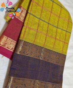 Alternative view of Checked Designer Yellow And Purple With Pink Double Border Premium Kanchi Cotton Saree with Rich Pallu