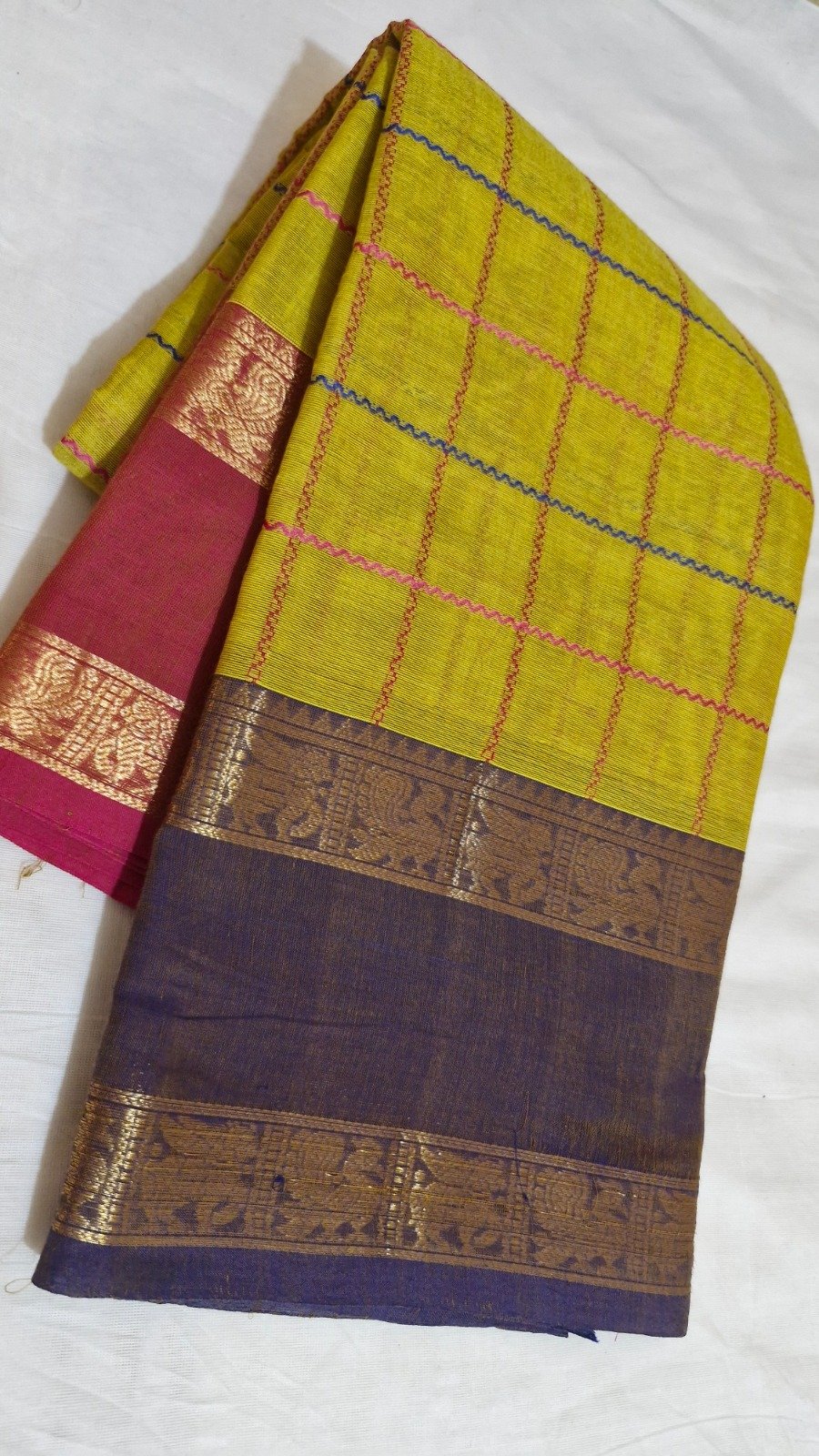 Checked Designer Yellow And Purple With Pink Double Border Premium Kanchi Cotton Saree with Rich Pallu Checked Designer Yellow And Purple With Pink Double Border Premium Kanchi Cotton Saree with Rich Pallu - Image 2