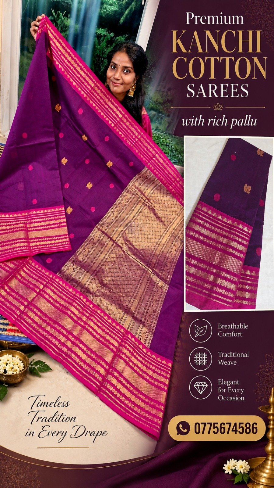 Dark Purple And Pink With Gold Zari Border Premium Kanchi Cotton Saree with Rich Pallu Dark Purple And Pink With Gold Zari Border Premium Kanchi Cotton Saree with Rich Pallu