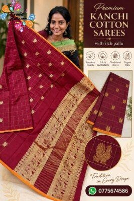 Burgundy Wine And Gold Checks With Peacock Designer Premium Kanchi Cotton Saree with Rich Pallu