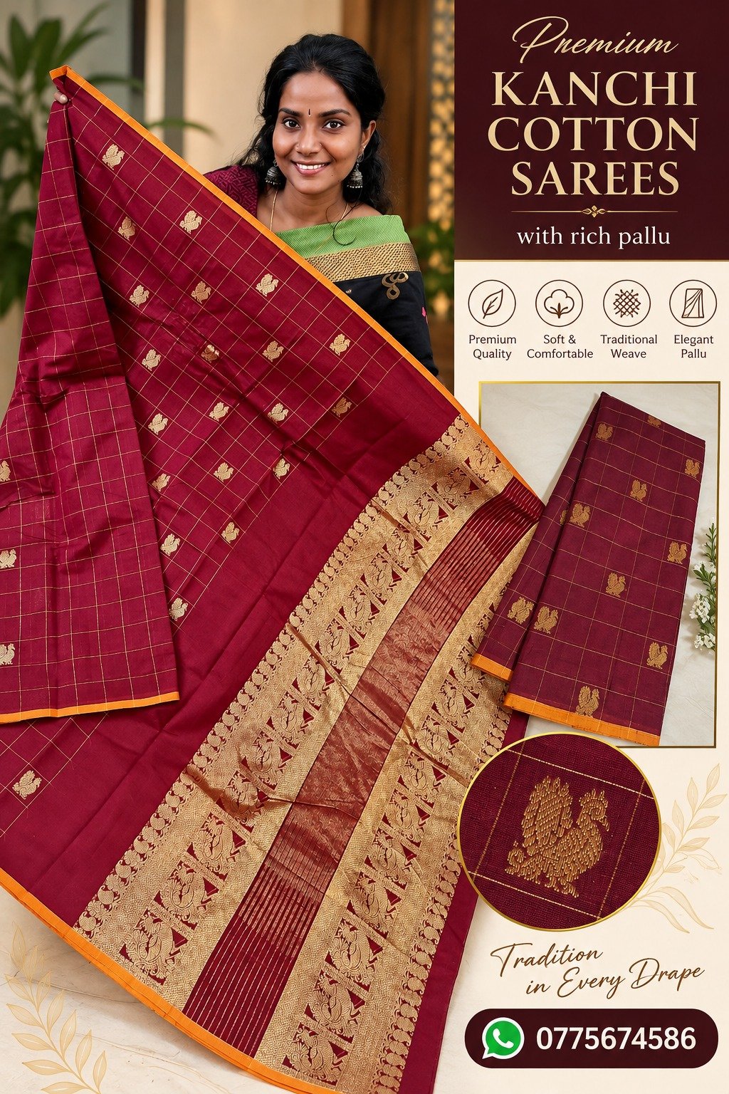 Burgundy Wine And Gold Checks With Peacock Designer Premium Kanchi Cotton Saree with Rich Pallu Burgundy Wine And Gold Checks With Peacock Designer Premium Kanchi Cotton Saree with Rich Pallu