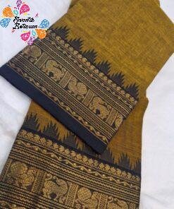Alternative view of Antique Mustard with Navy Blue Gold Zari Border Chettinad Cotton Sarees