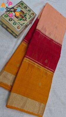 Light Peach With Maroon And Yellow Multicolour Saree with Butta Designe Gold Border Premium Semi Silk Saree
