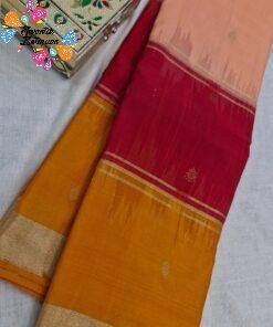 Light Peach With Maroon And Yellow Multicolour Saree with Butta Designe Gold Border Premium Semi Silk Saree