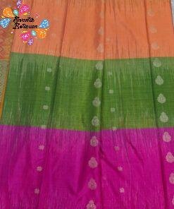 Welcome Swastik Boutiques, Sri Lanka Alternative view of Butta Designer Olive Green With Deep Magenta And Peach Orange With Green And Gold Border Premium Semi Silk Saree