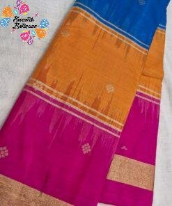 Gold Floral Buttas Designer Royal Blue With Rust Orange And Rani Pink Multicolour Saree Gold Border Premium Semi Silk Saree