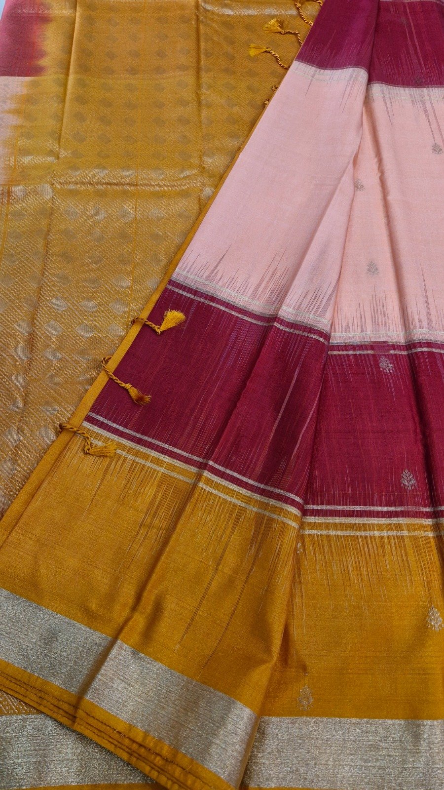 Light Peach With Maroon And Yellow Multicolour Saree with Butta Designe Gold Border Premium Semi Silk Saree Light Peach With Maroon And Yellow Multicolour Saree with Butta Designe Gold Border Premium Semi Silk Saree - Image 3