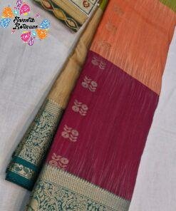 Floral Butta Designer Olive Green With Peach Orange And Deep Wine and Peacock Blue Multicolour Saree with Gold Border Premium Semi Silk Saree