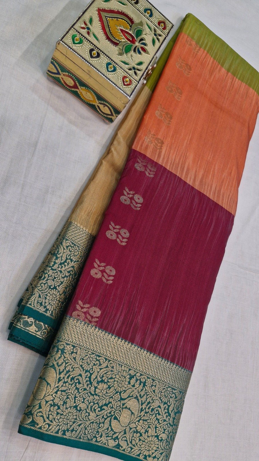 Floral Butta Designer Olive Green With Peach Orange And Deep Wine and Peacock Blue Multicolour Saree with Gold Border Premium Semi Silk Saree Floral Butta Designer Olive Green With Peach Orange And Deep Wine and Peacock Blue Multicolour Saree with Gold Border Premium Semi Silk Saree
