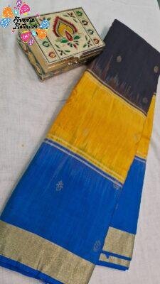 Butta Designer Royal Blue With Mustard Yellow And Charcoal Black Multicolour Saree with Gold Zari Border Premium Semi Silk Saree