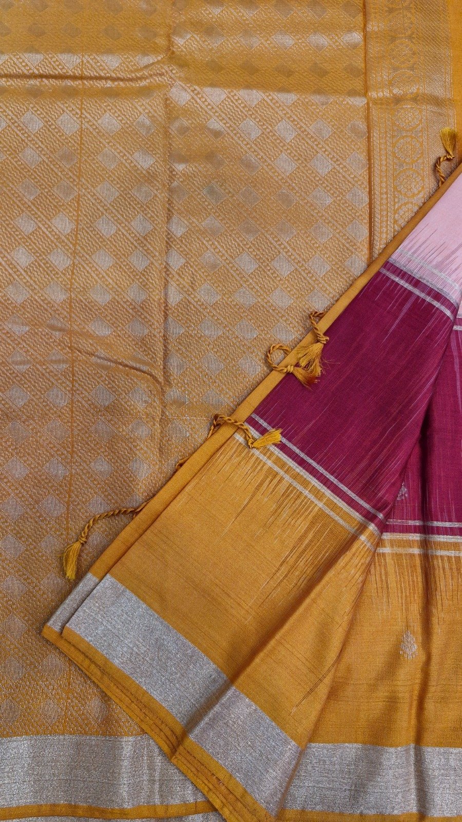 Light Peach With Maroon And Yellow Multicolour Saree with Butta Designe Gold Border Premium Semi Silk Saree Light Peach With Maroon And Yellow Multicolour Saree with Butta Designe Gold Border Premium Semi Silk Saree - Image 6