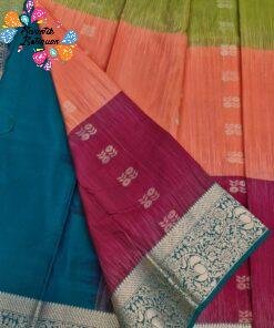 Floral Butta Designer Olive Green With Peach Orange And Deep Wine and Peacock Blue Multicolour Saree with Gold Border Premium Semi Silk Saree Floral Butta Designer Olive Green With Peach Orange And Deep Wine and Peacock Blue Multicolour Saree with Gold Border Premium Semi Silk Saree