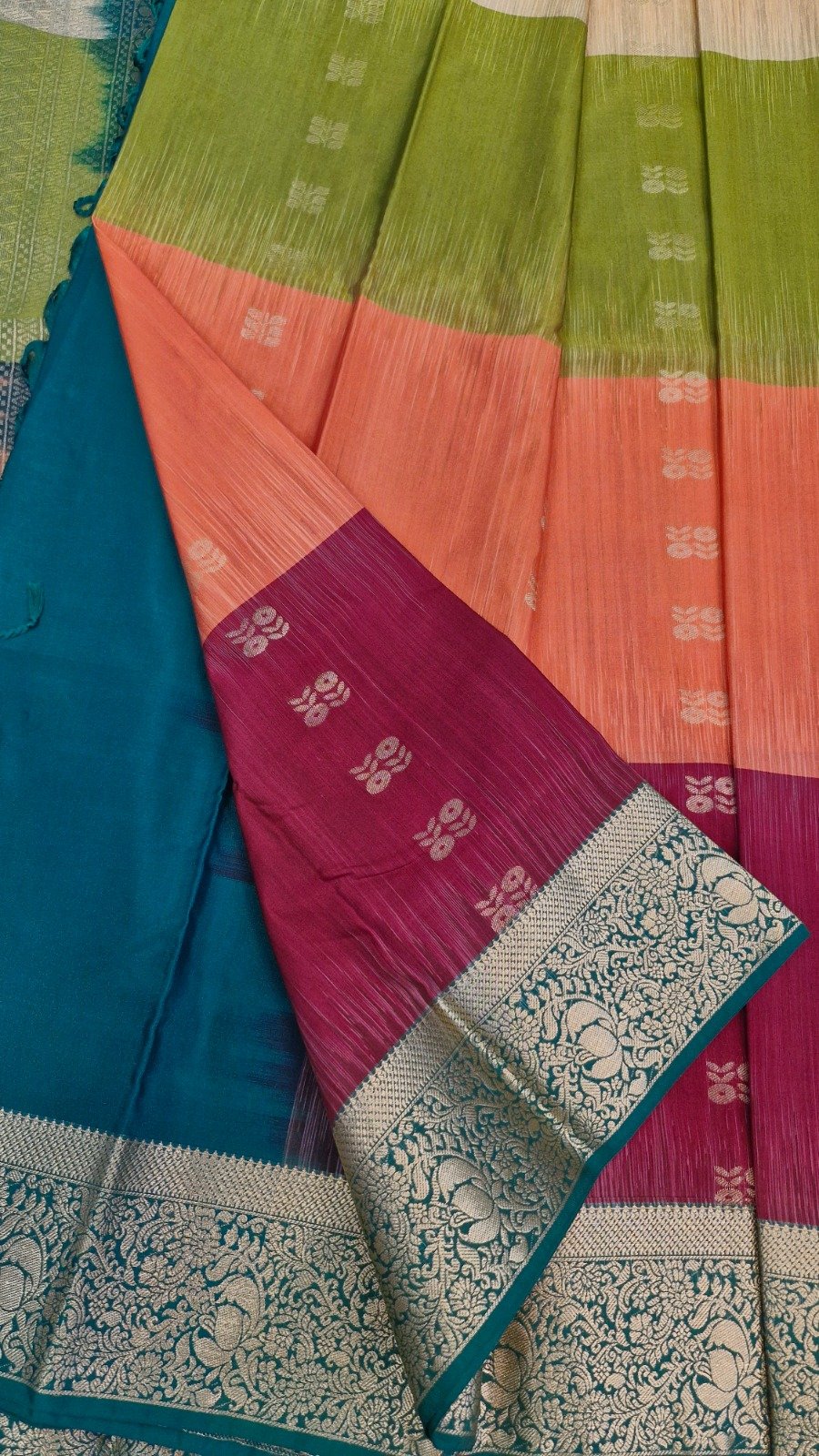 Floral Butta Designer Olive Green With Peach Orange And Deep Wine and Peacock Blue Multicolour Saree with Gold Border Premium Semi Silk Saree Floral Butta Designer Olive Green With Peach Orange And Deep Wine and Peacock Blue Multicolour Saree with Gold Border Premium Semi Silk Saree - Image 4