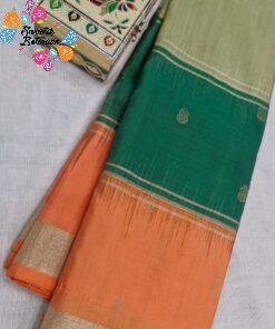 Sage Green With Bottle Green And Coral Peach Multicolour Saree with Gold Border Premium Semi Silk Saree