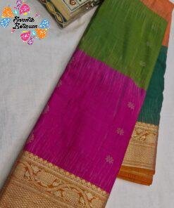 Butta Designer Olive Green With Deep Magenta And Peach Orange With Green And Gold Border Premium Semi Silk Saree