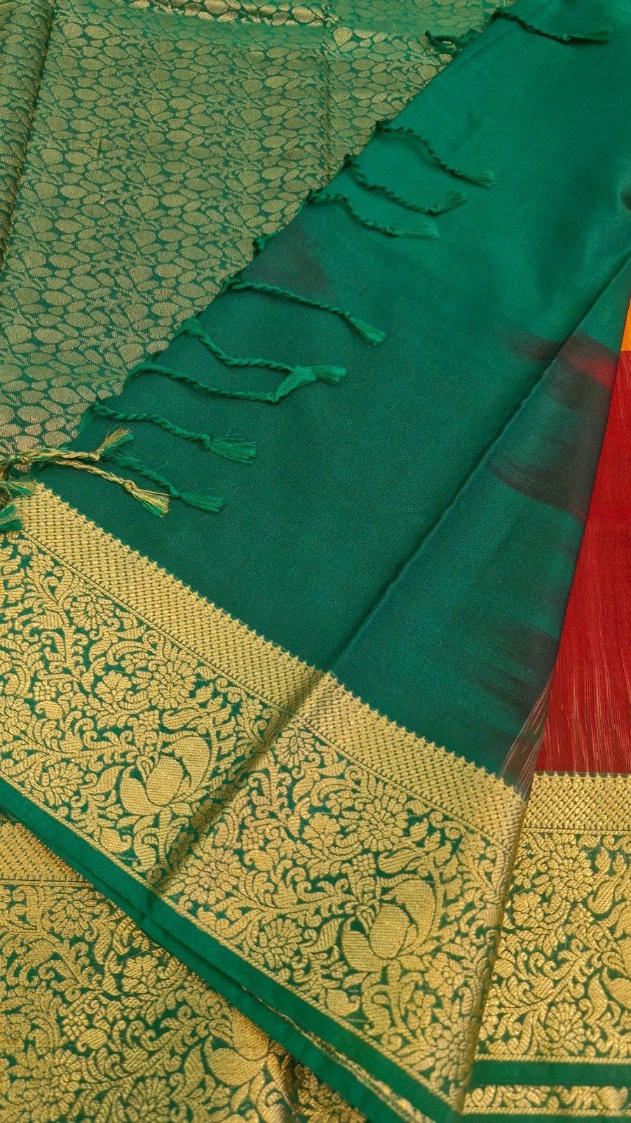 Floral Butta Designer Olive Green With Peach Orange And Deep Wine and Peacock Blue Multicolour Saree with Gold Border Premium Semi Silk Saree Floral Butta Designer Olive Green With Peach Orange And Deep Wine and Peacock Blue Multicolour Saree with Gold Border Premium Semi Silk Saree - Image 6