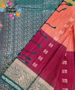 Floral Butta Designer Olive Green With Peach Orange And Deep Wine and Peacock Blue Multicolour Saree with Gold Border Premium Semi Silk Saree Floral Butta Designer Olive Green With Peach Orange And Deep Wine and Peacock Blue Multicolour Saree with Gold Border Premium Semi Silk Saree