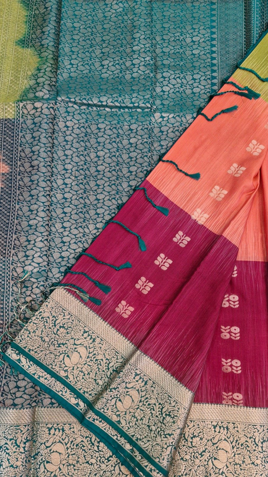 Floral Butta Designer Olive Green With Peach Orange And Deep Wine and Peacock Blue Multicolour Saree with Gold Border Premium Semi Silk Saree Floral Butta Designer Olive Green With Peach Orange And Deep Wine and Peacock Blue Multicolour Saree with Gold Border Premium Semi Silk Saree - Image 5