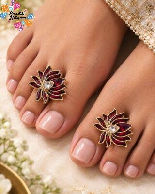 Lotus Designer Deep Maroon With White Stone  Antique Gold Plated Toe Rings