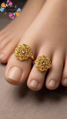 Flower Designer White Stone Antique Gold Plated Toe Rings