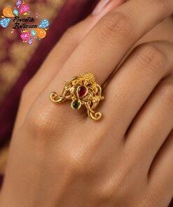 Alternative view of Elephant Designer Pink And Green Stone Mixed Matte Finished  Ring