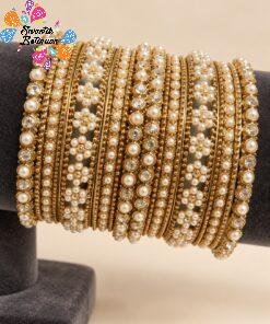 Alternative view of Flower Designer White And Gold Pearl Mixed Oxidised Gold Bangles