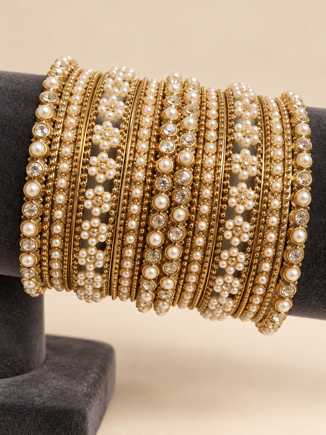 Flower Designer White And Gold Pearl Mixed Oxidised Gold Bangles Flower Designer White And Gold Pearl Mixed Oxidised Gold Bangles - Image 2