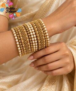 Floral Designer White And Gold Pearl Mixed Oxidised Gold Bangles