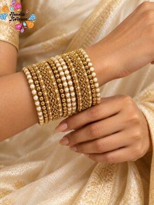 Floral Designer White And Gold Pearl Mixed Oxidised Gold Bangles