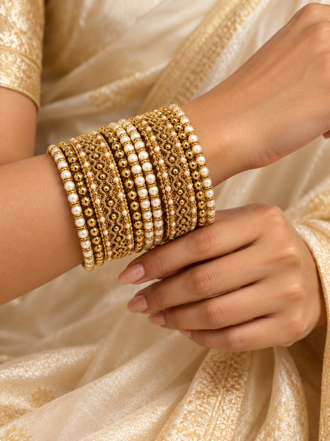 Floral Designer White And Gold Pearl Mixed Oxidised Gold Bangles Floral Designer White And Gold Pearl Mixed Oxidised Gold Bangles