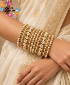 Flower Designer White And Gold Pearl Mixed Oxidised Gold Bangles