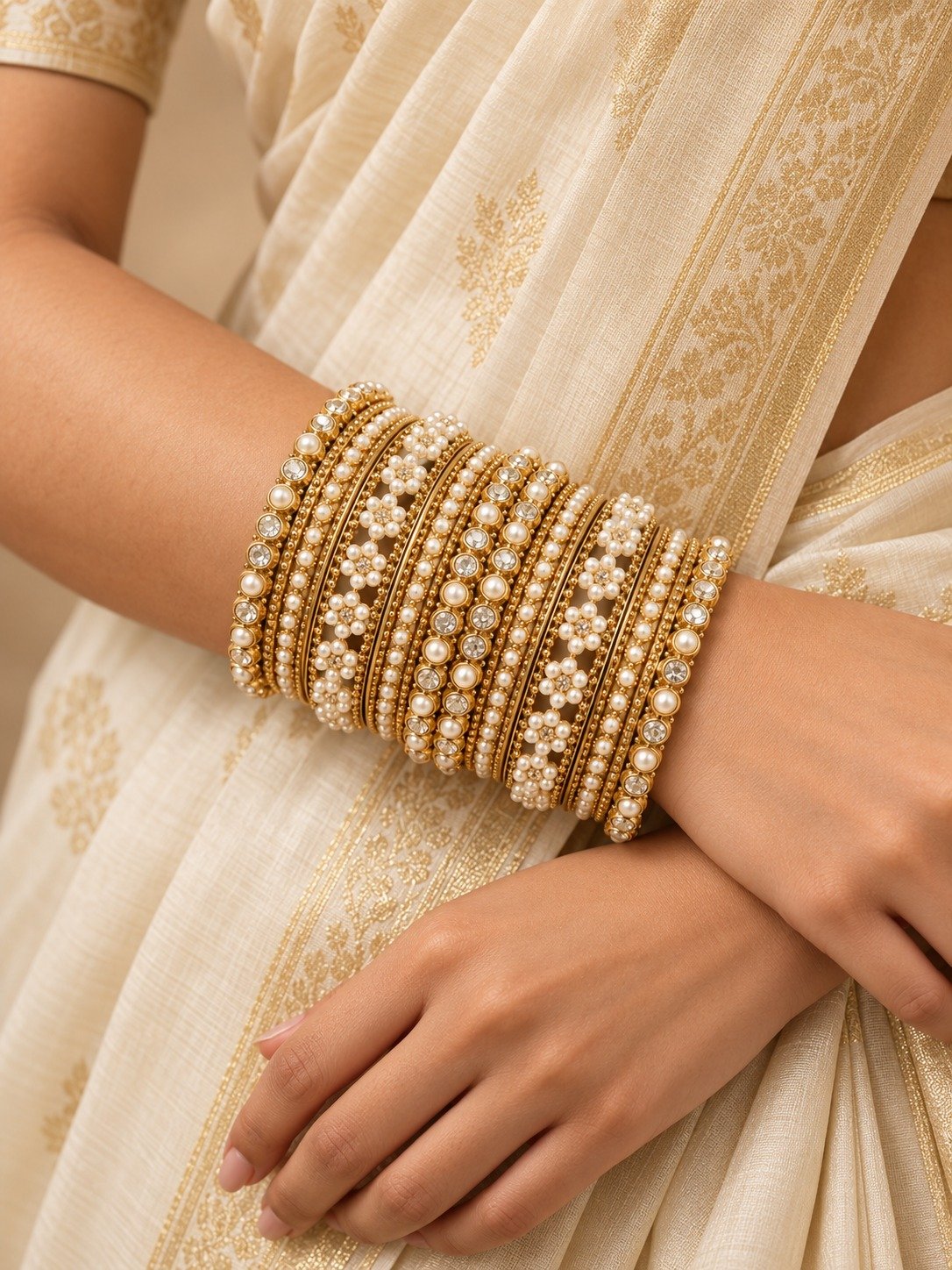 Flower Designer White And Gold Pearl Mixed Oxidised Gold Bangles Flower Designer White And Gold Pearl Mixed Oxidised Gold Bangles