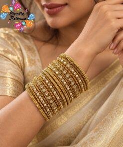 Floral Designer White Stone Mixed Oxidised Gold Bangles