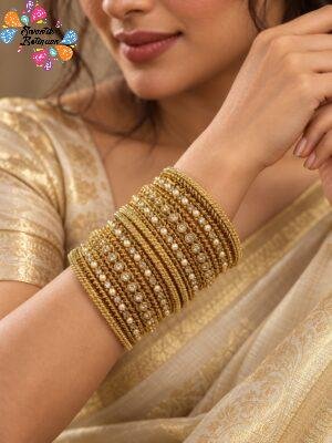 Floral Designer White Stone Mixed Oxidised Gold Bangles