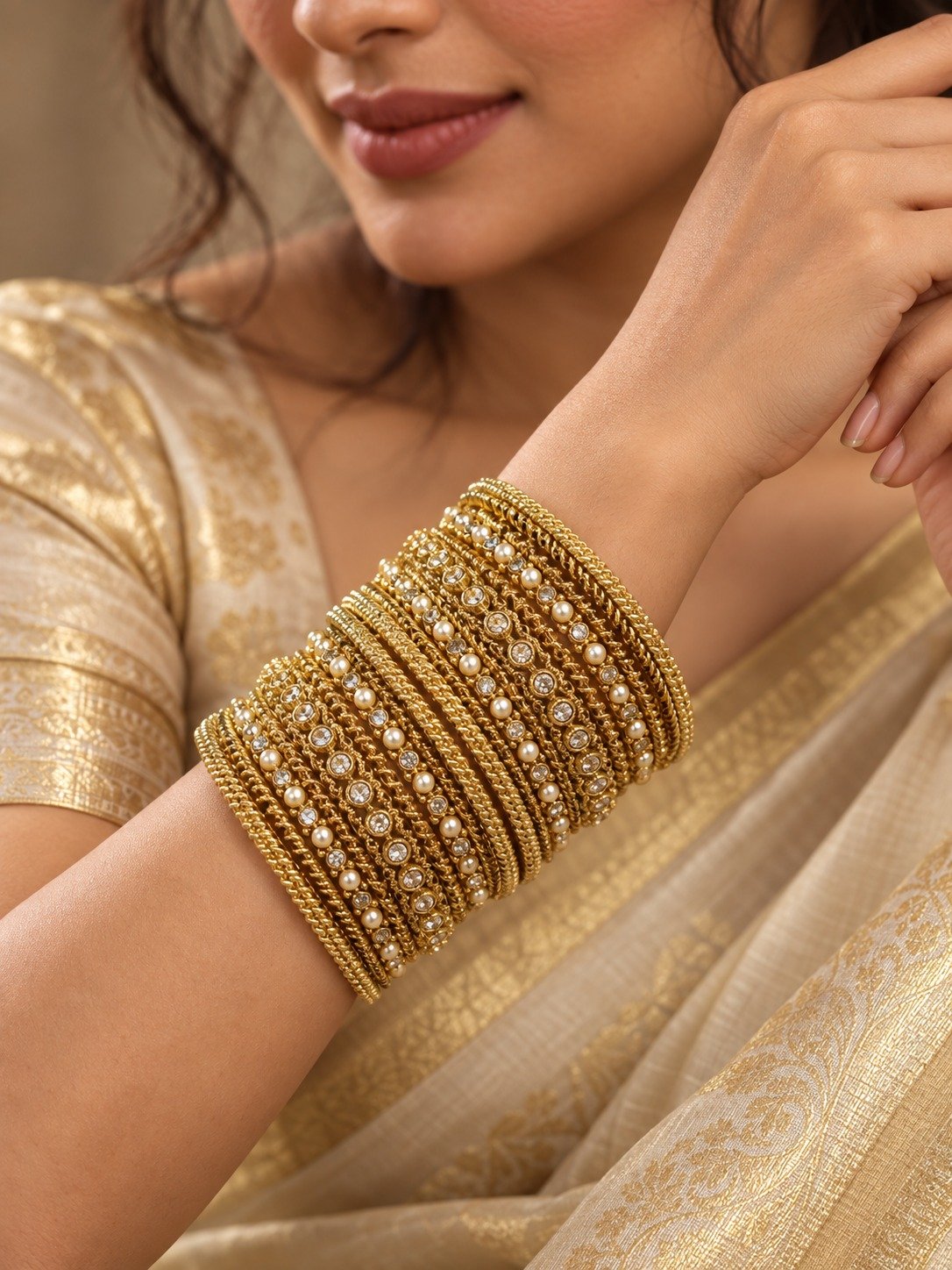 Floral Designer White Stone Mixed Oxidised Gold Bangles Floral Designer White Stone Mixed Oxidised Gold Bangles