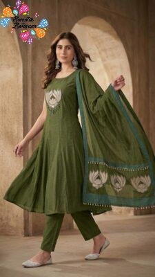 Premium Dark Mehendi Green Lotus Embroidery Designer Ready Made Shalwar Suit