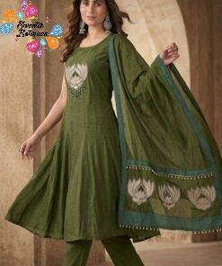 Premium Dark Mehendi Green Lotus Embroidery Designer Ready Made Shalwar Suit
