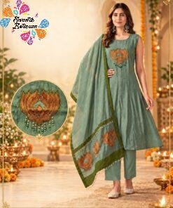 Premium Dusty Sage Green Lotus Embroidery Designer Ready Made Shalwar Suit