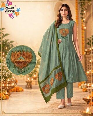 Premium Dusty Sage Green Lotus Embroidery Designer Ready Made Shalwar Suit