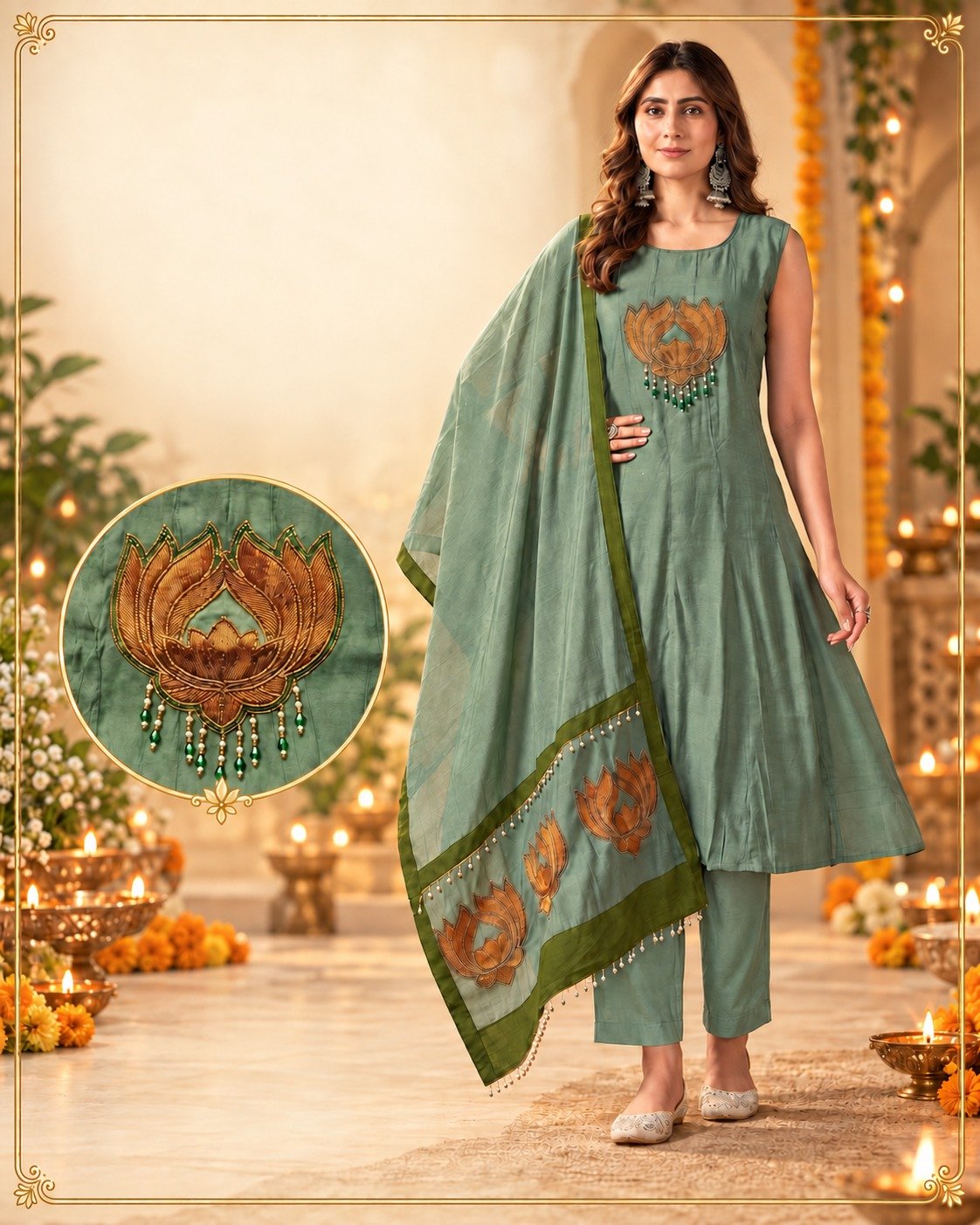 Premium Dusty Sage Green Lotus Embroidery Designer Pure Heavy Mul Chanderi Ready Made Shalwar Suit Premium Dusty Sage Green Lotus Embroidery Designer Pure Heavy Mul Chanderi Ready Made Shalwar Suit