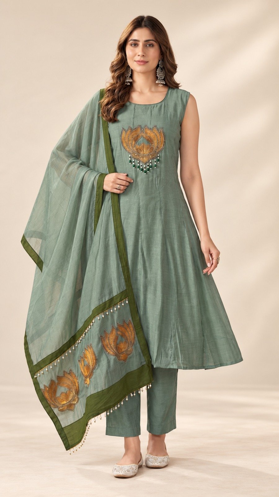 Premium Dusty Sage Green Lotus Embroidery Designer Pure Heavy Mul Chanderi Ready Made Shalwar Suit Premium Dusty Sage Green Lotus Embroidery Designer Pure Heavy Mul Chanderi Ready Made Shalwar Suit - Image 5