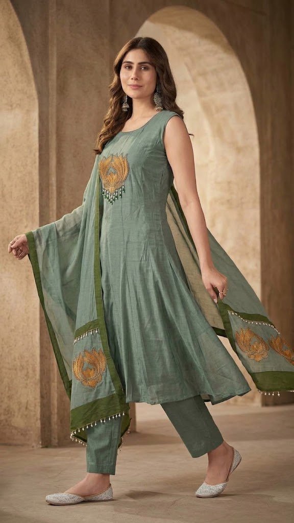 Premium Dusty Sage Green Lotus Embroidery Designer Pure Heavy Mul Chanderi Ready Made Shalwar Suit Premium Dusty Sage Green Lotus Embroidery Designer Pure Heavy Mul Chanderi Ready Made Shalwar Suit - Image 2