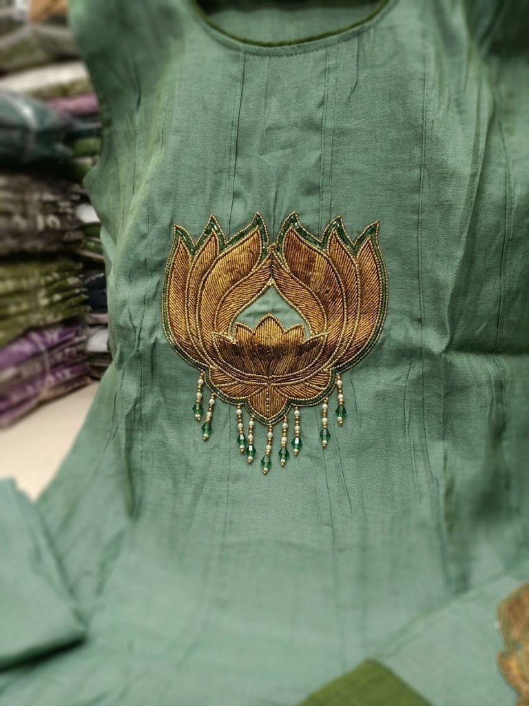Premium Dusty Sage Green Lotus Embroidery Designer Pure Heavy Mul Chanderi Ready Made Shalwar Suit Premium Dusty Sage Green Lotus Embroidery Designer Pure Heavy Mul Chanderi Ready Made Shalwar Suit - Image 4