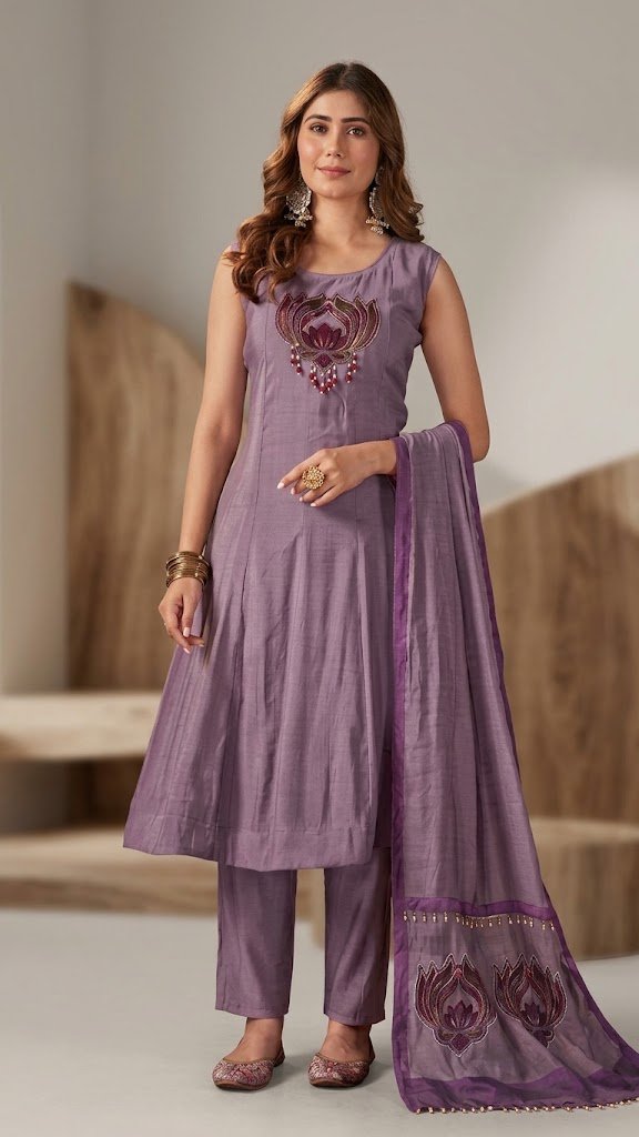 Premium Lavender Lotus Embroidery Designer Pure Heavy Mul Chanderi Ready Made Shalwar Suit Premium Lavender Lotus Embroidery Designer Pure Heavy Mul Chanderi Ready Made Shalwar Suit