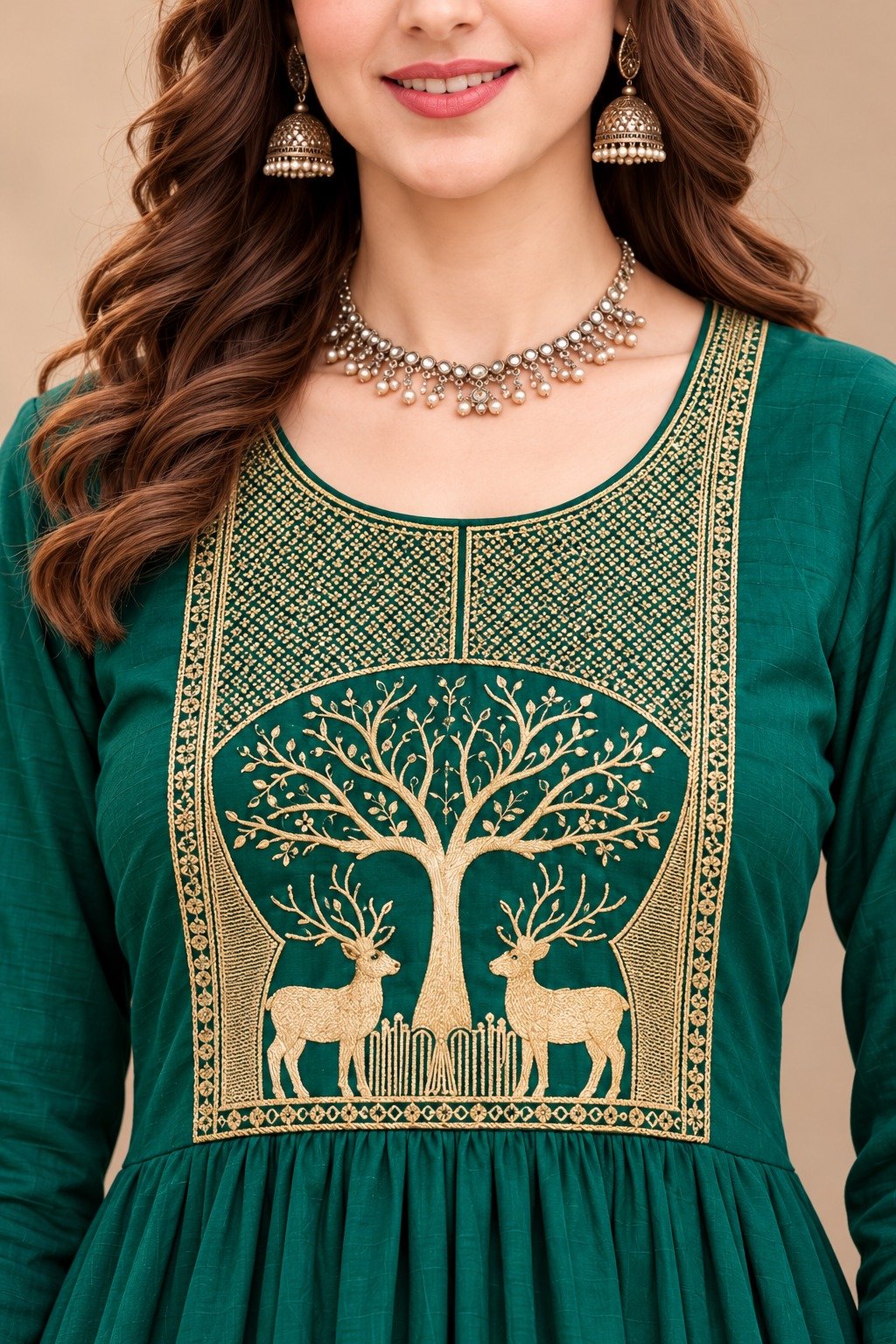 Deer Designer Mul Chanderi Embroidery Work Dark Green And Golden Beige Ready Made Shalwar Suit Deer Designer Mul Chanderi Embroidery Work Dark Green And Golden Beige Ready Made Shalwar Suit - Image 2