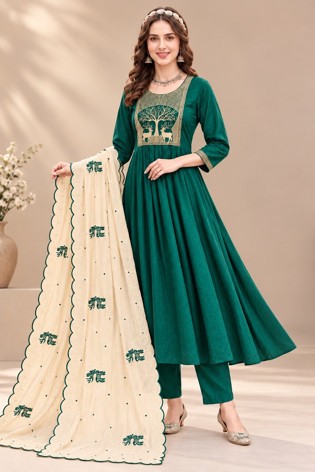 Deer Designer Mul Chanderi Embroidery Work Dark Green And Golden Beige Ready Made Shalwar Suit Deer Designer Mul Chanderi Embroidery Work Dark Green And Golden Beige Ready Made Shalwar Suit - Image 4