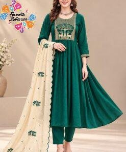 Deer Designer Mul Chanderi Embroidery Work Dark Green And Golden Beige Ready Made Shalwar Suit